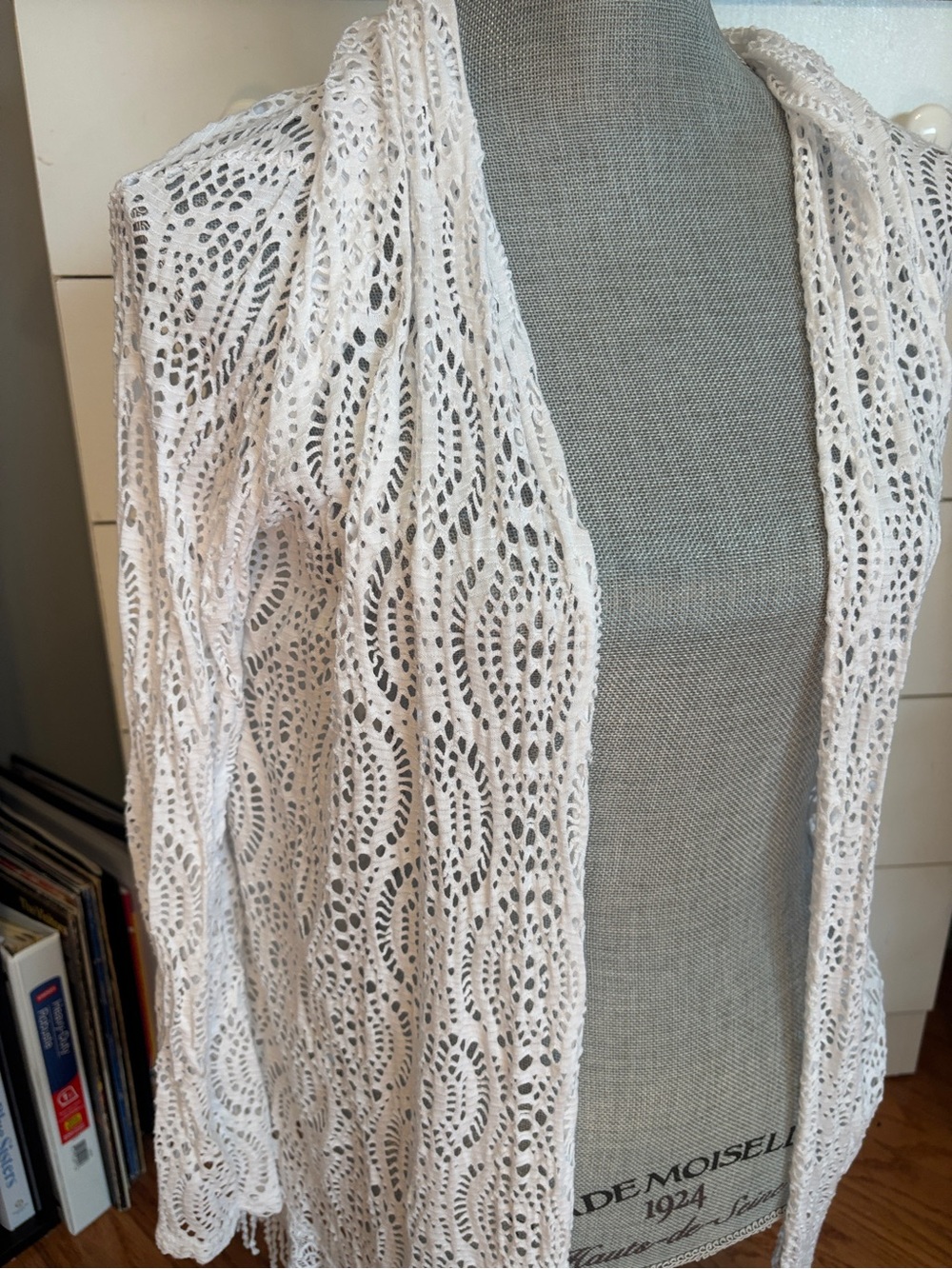 White Crochet Open Front Cardigan